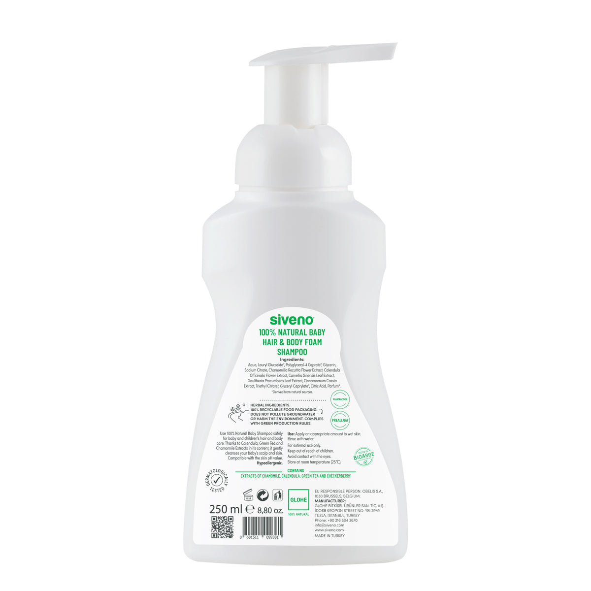 Siveno 100% Natural Baby Hair & Body Foam Shampoo 250 ml